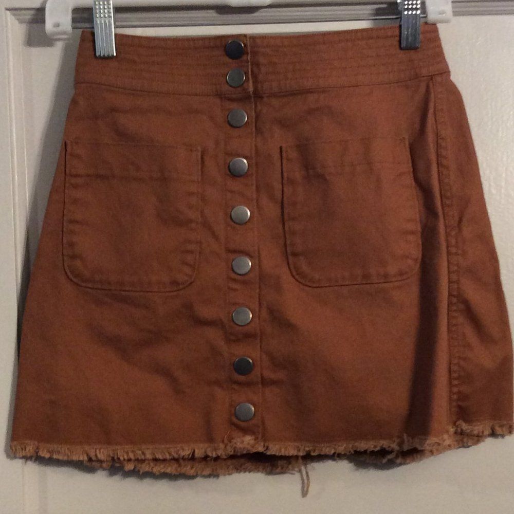 Madewell Fall brown mini skirt snap front frayed hem Size 00 VGC